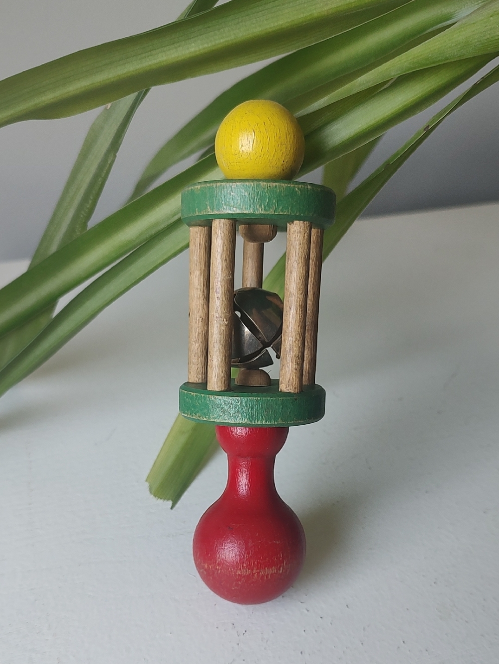 Vintage Wooden Baby Rattle With Bell Inside